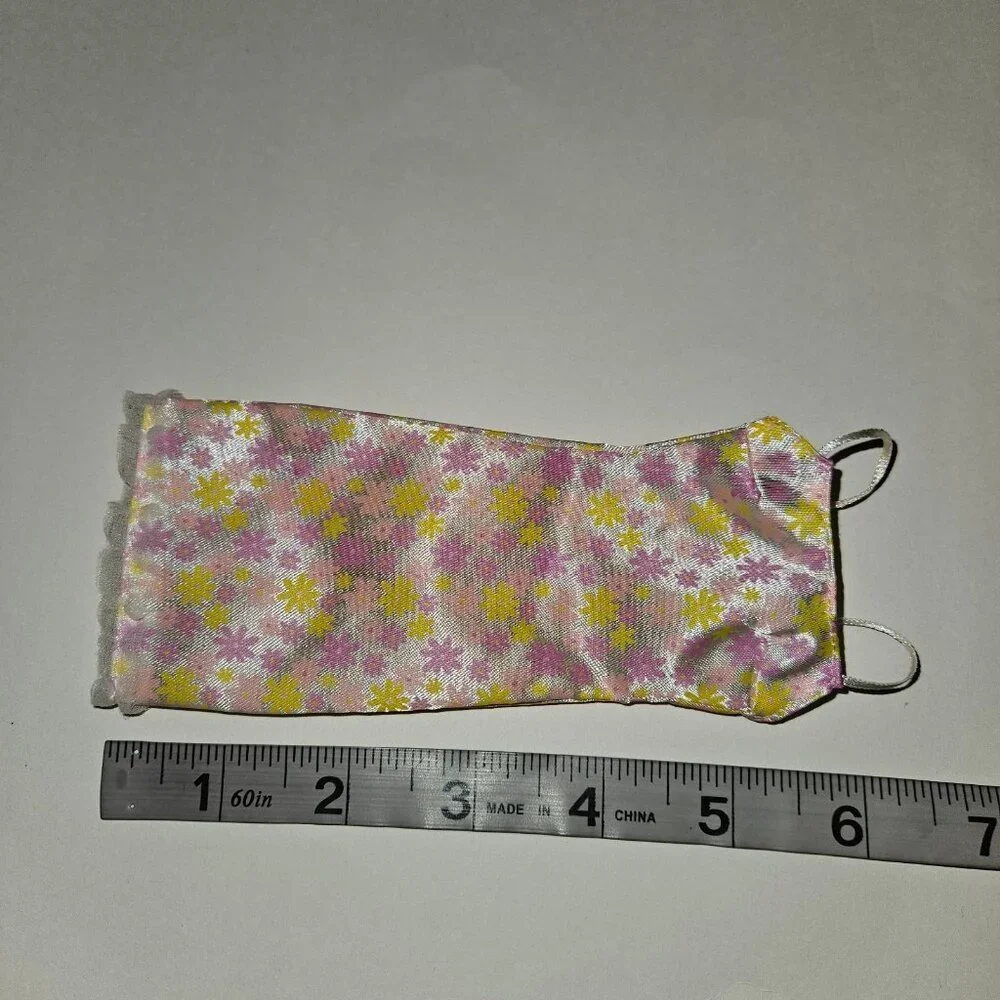 VTG Barbie Pink Yellow Floral Dress Spaghetti Straps Lace Trim